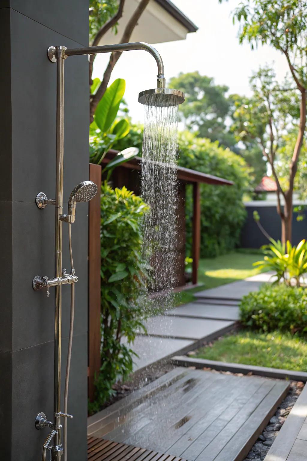A sleek and modern outdoor shower featuring alloy accents.