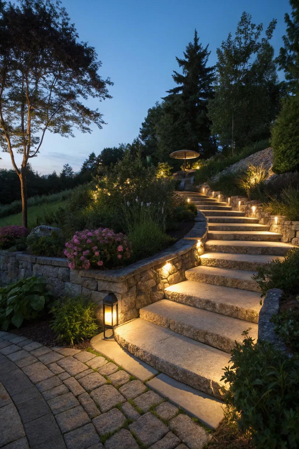 Built-in lighting transforms garden steps into an impressive nighttime feature.