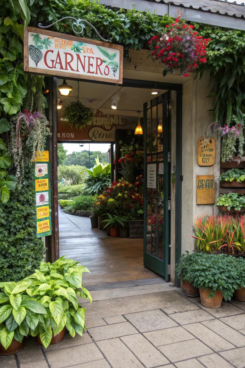 Creative entryway through signage and greenery for an enduring impact.