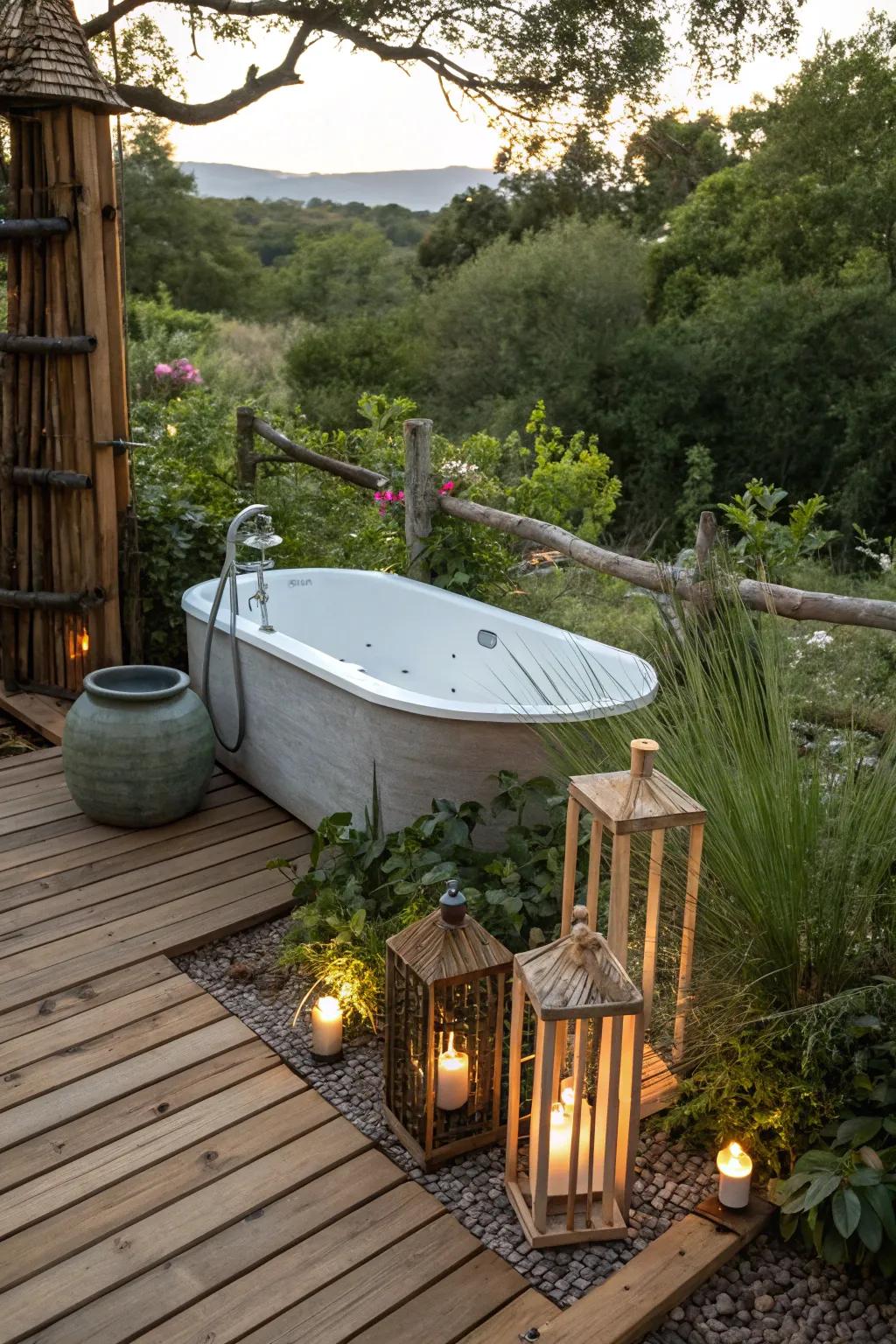 Produce a unified aesthetic using a wood patio along with corresponding features.