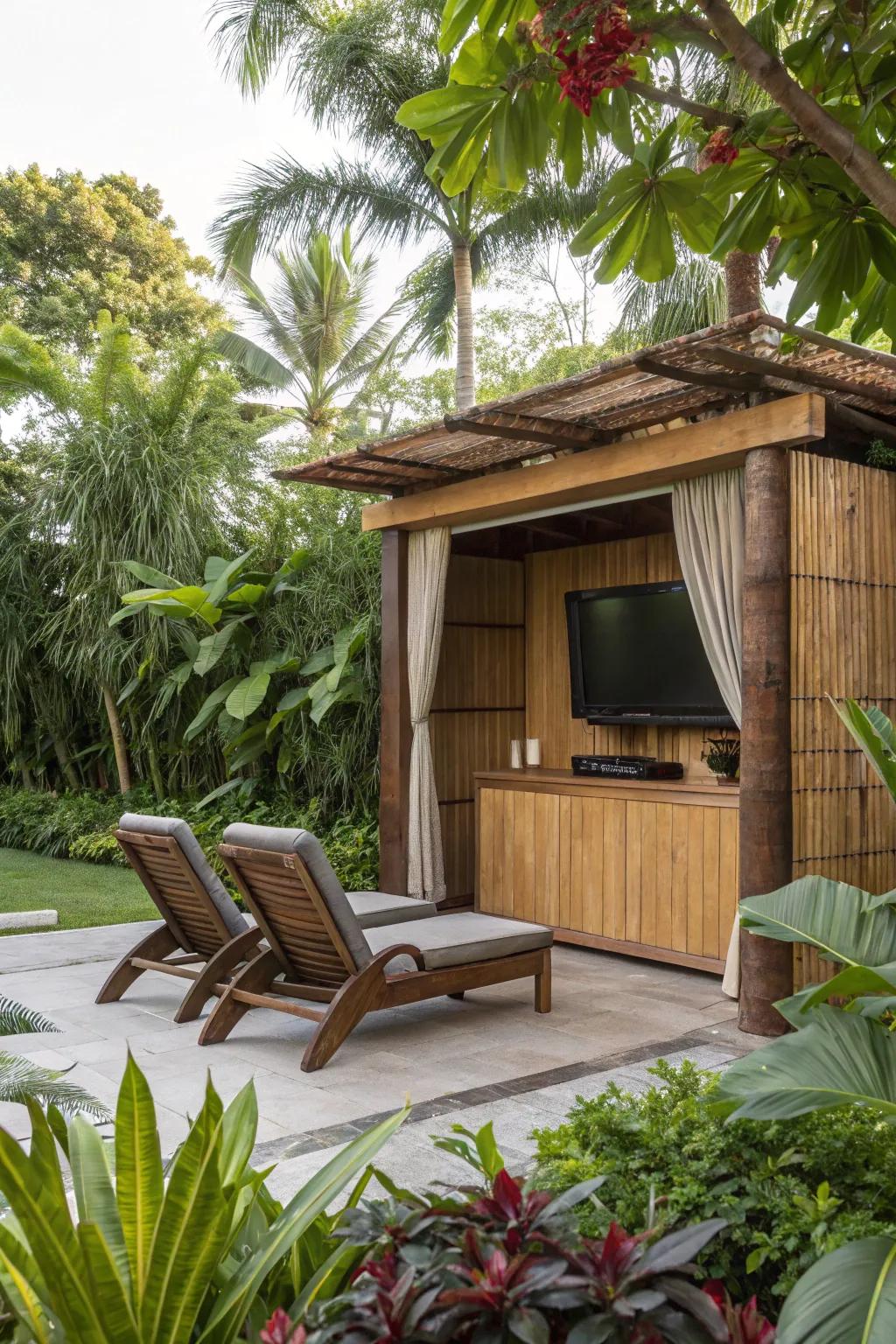 Bring the tropics home through a bamboo-featured TV enclosure.