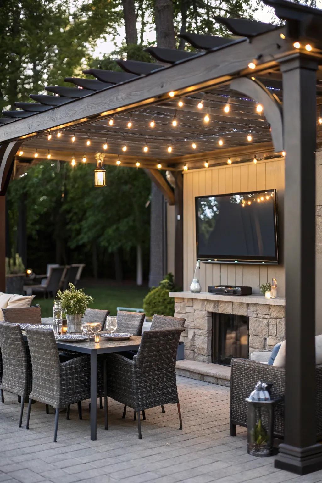 A TV beneath a pergola blends sophistication and practicality in open-air settings.