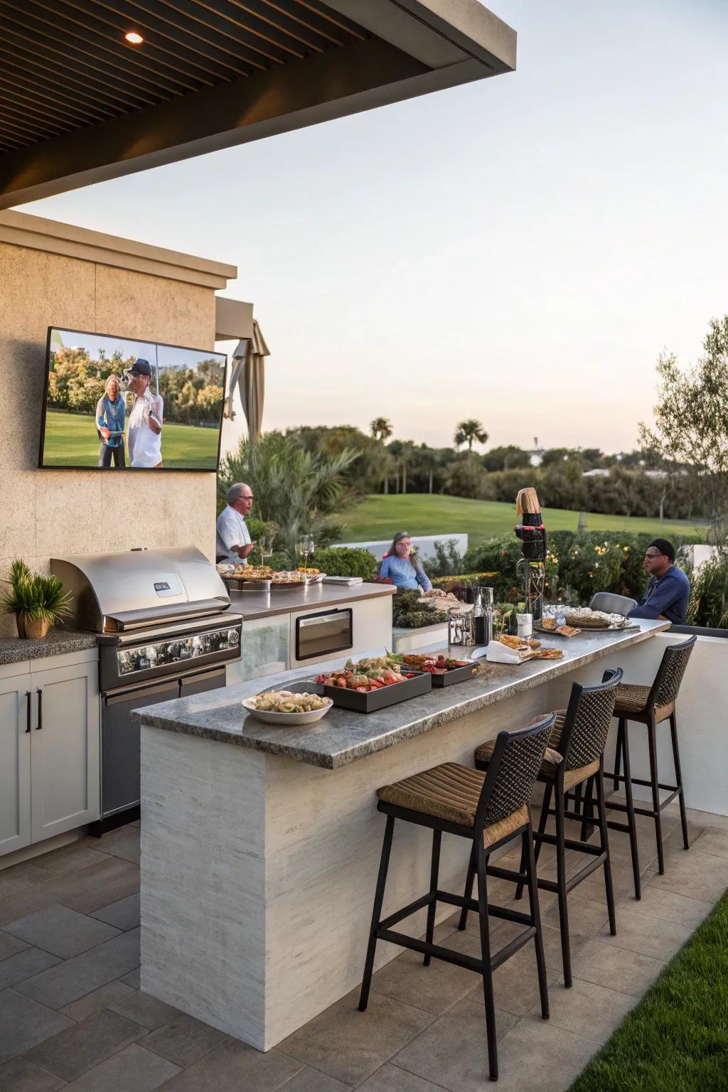 An outdoor kitchen complements your TV setup, ideal for hosting gatherings.