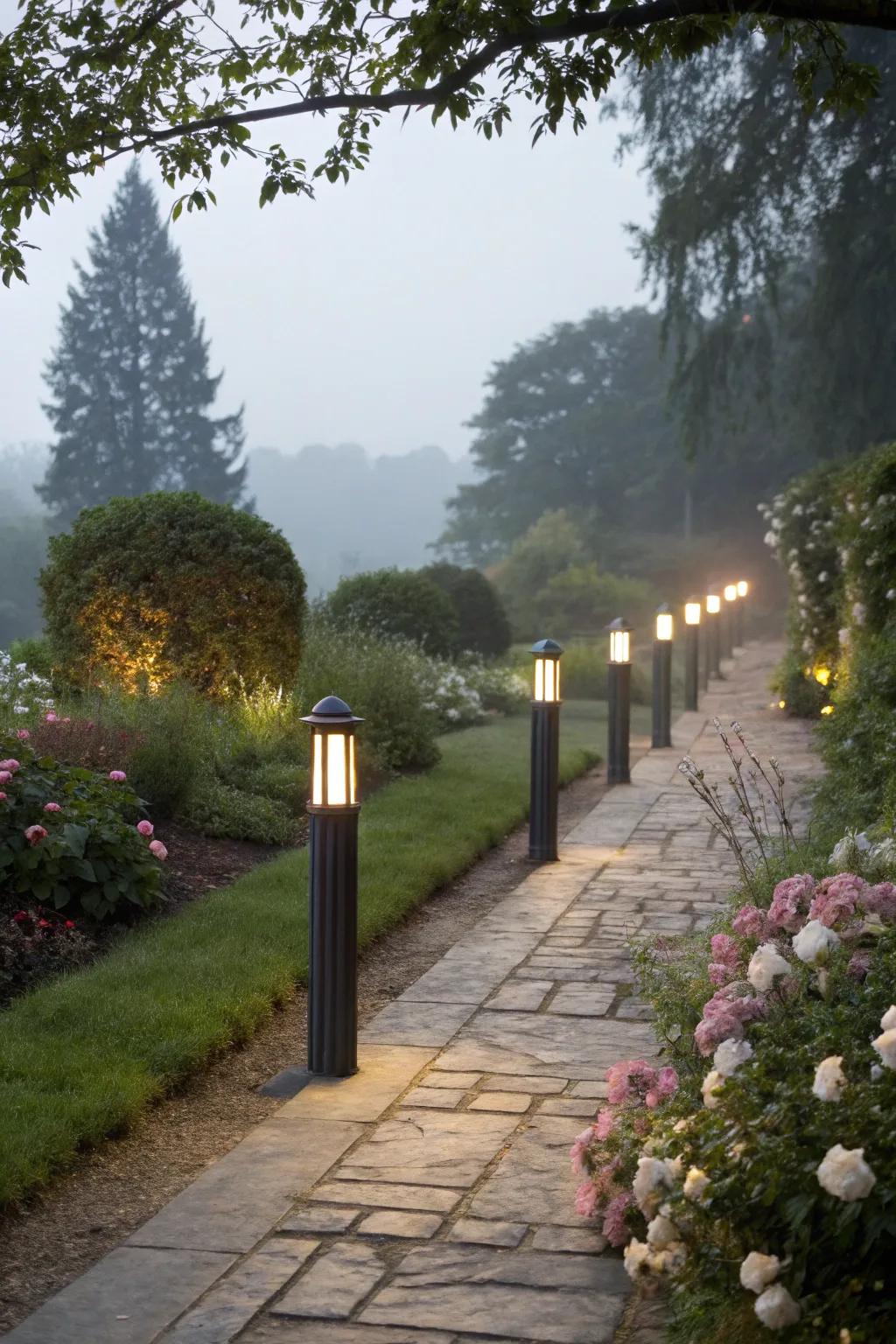Stylish column lights for set pathways.