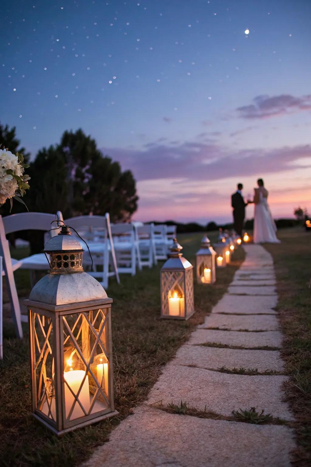A path illuminated by lanterns, adding a magical glow to the aisle.