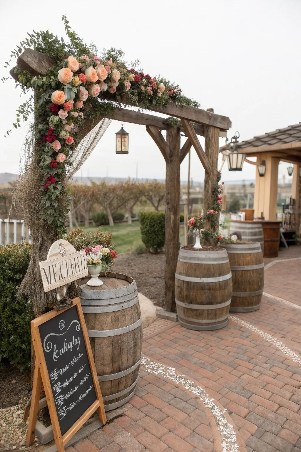 Append appeal using homespun touches such as containers and lumber placards.