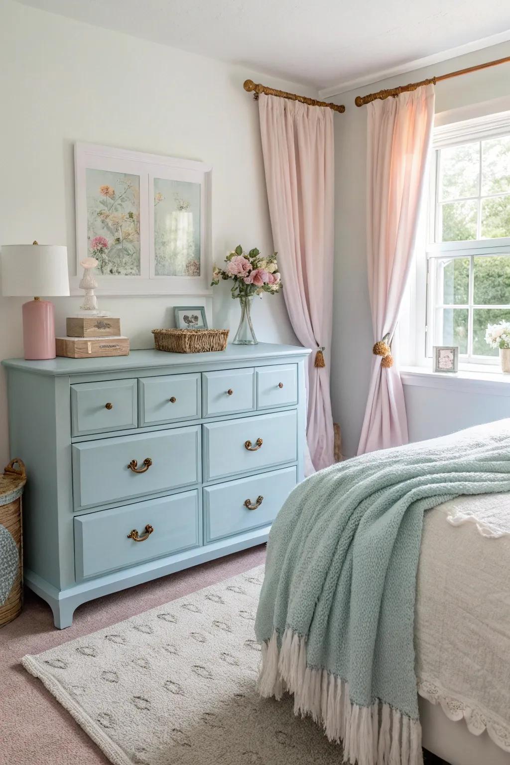 Create a calming atmosphere with a powder blue dresser.