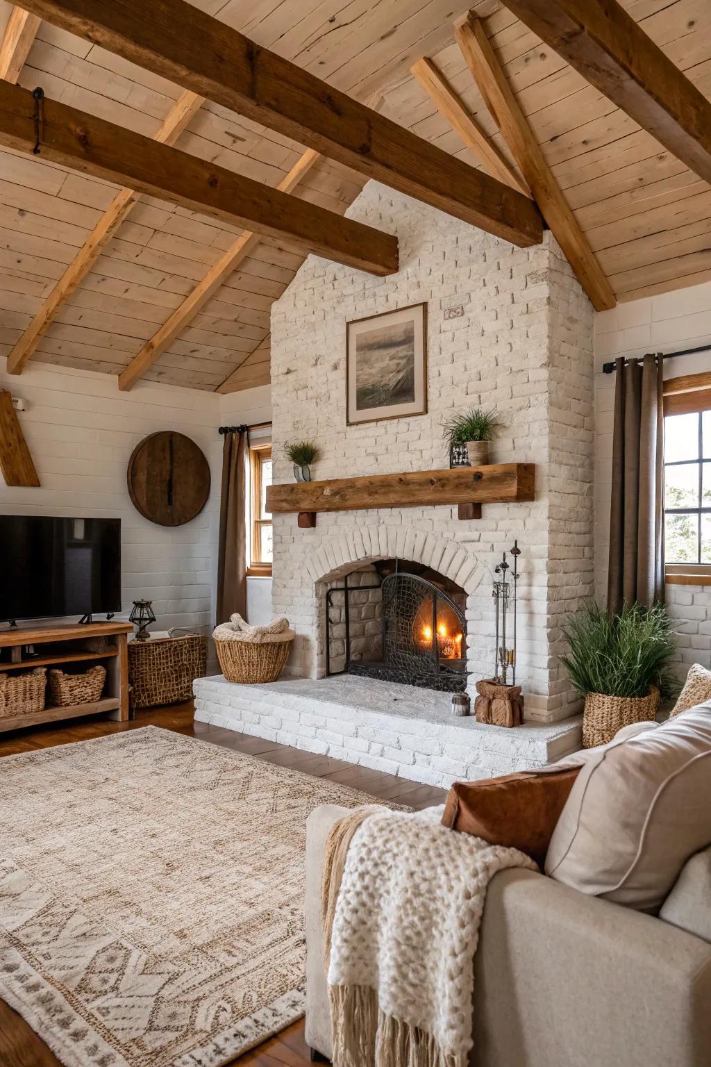 A whitewashed brick fireplace adds rustic charm.