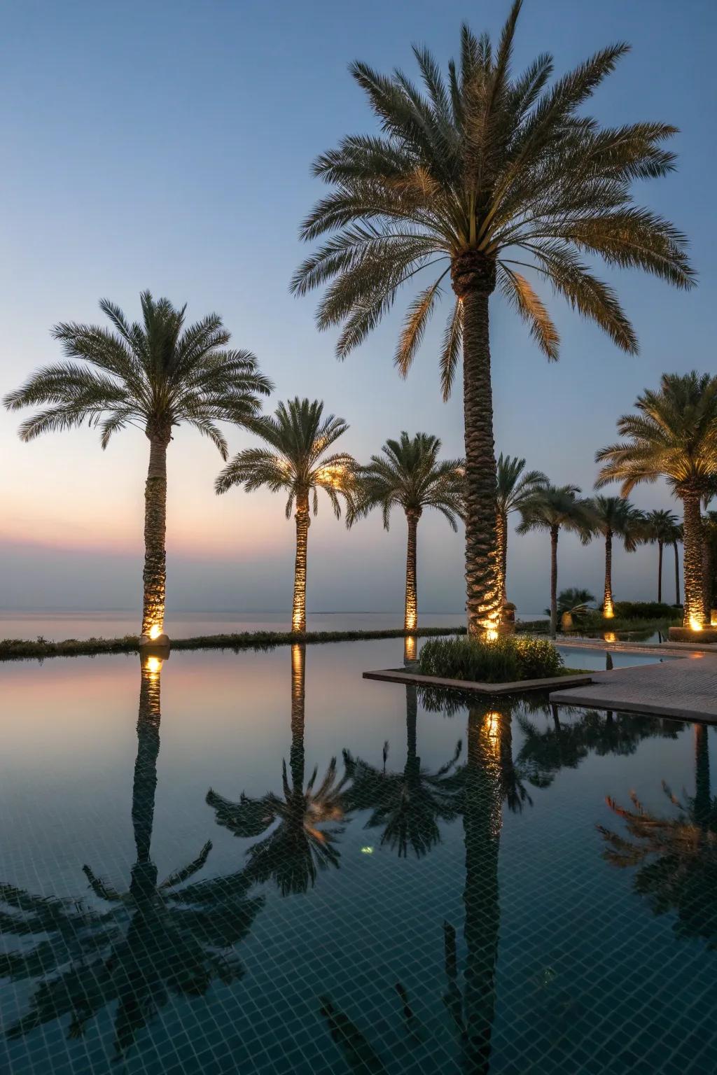 Encourage serenity by means of reflective waterfront lighting.