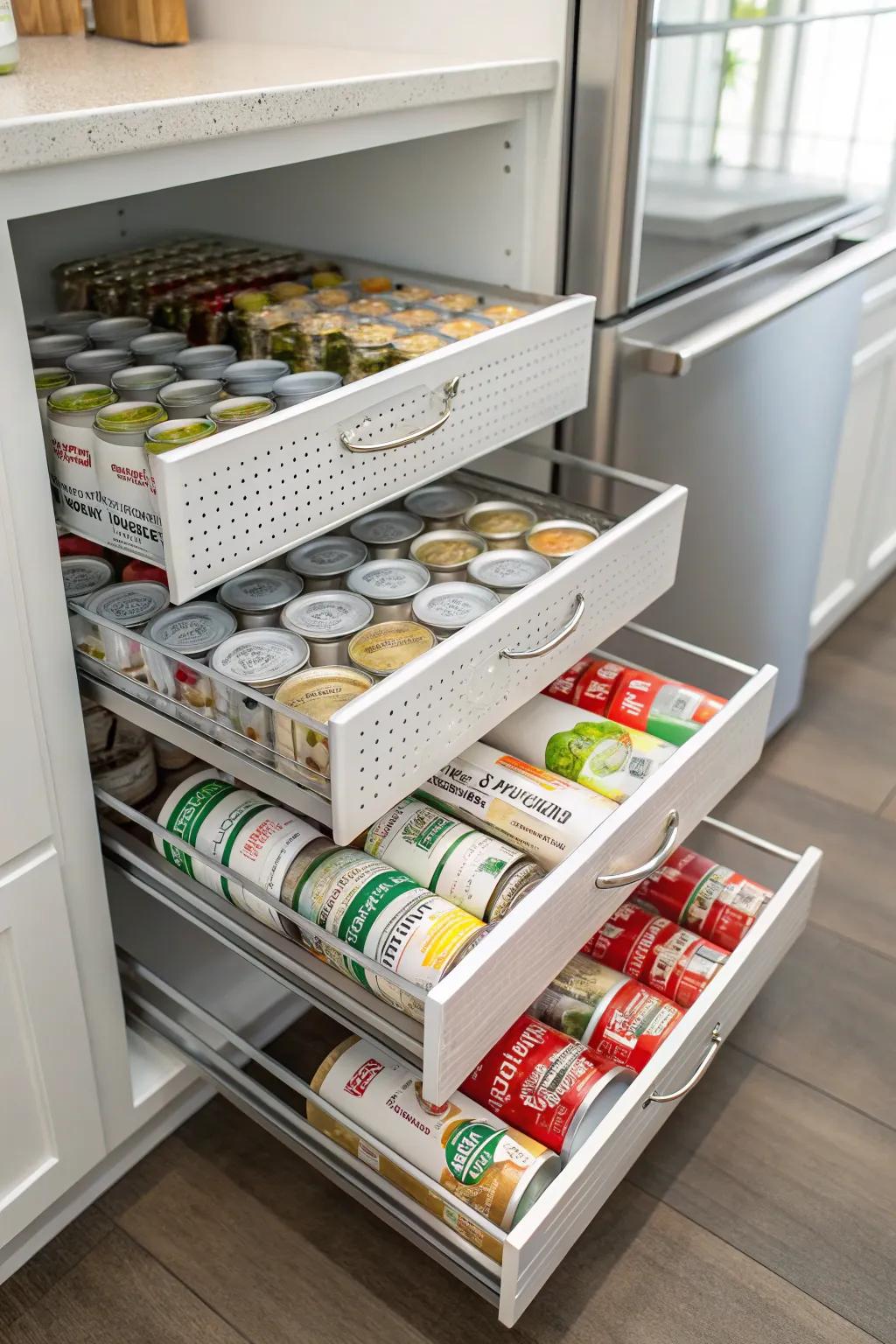 Pull-out trays make deep pantries easy to use.