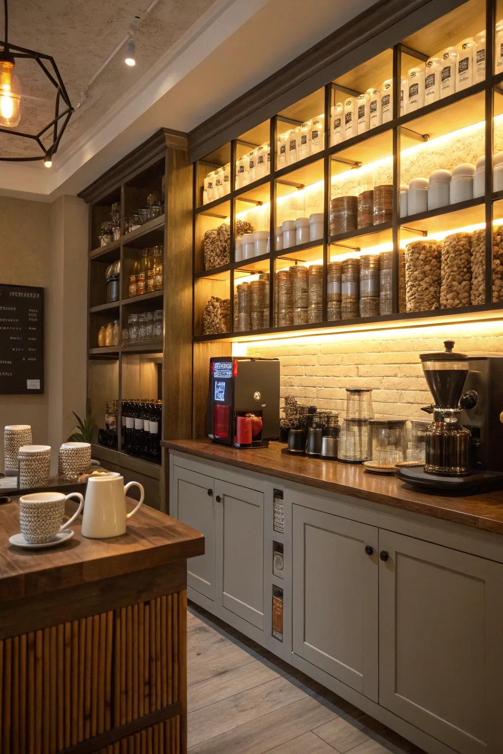 Integrated lighting enhances the aesthetic appeal of a coffee bar.