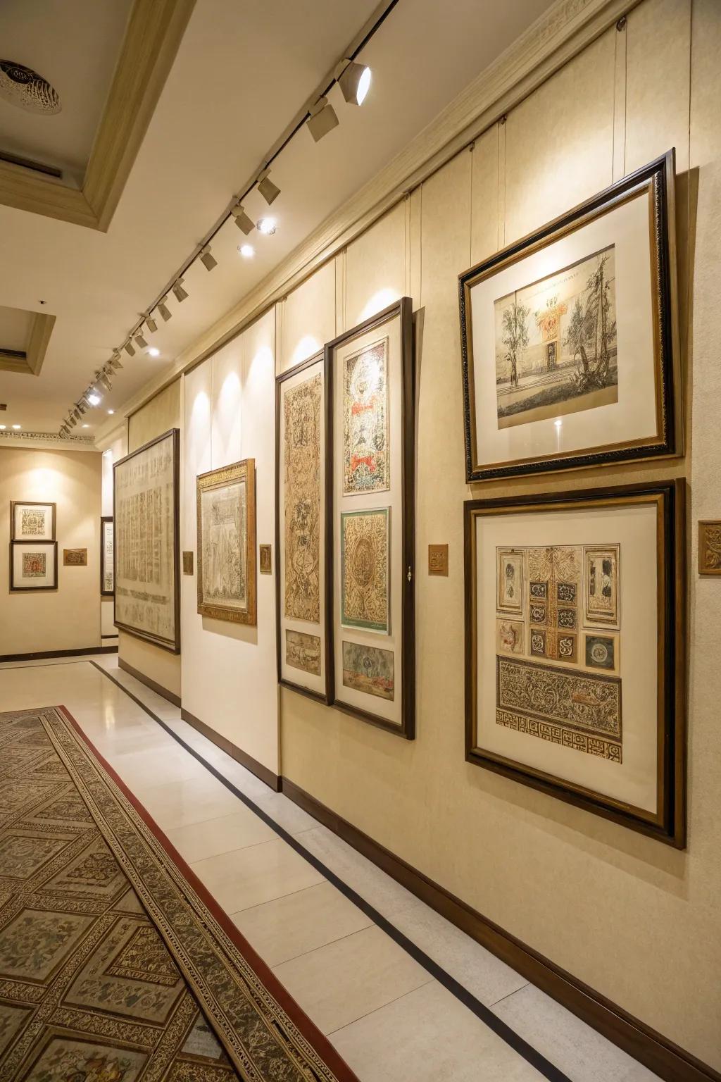 Corner gallery with several papyrus pieces that adds a cultural feel.