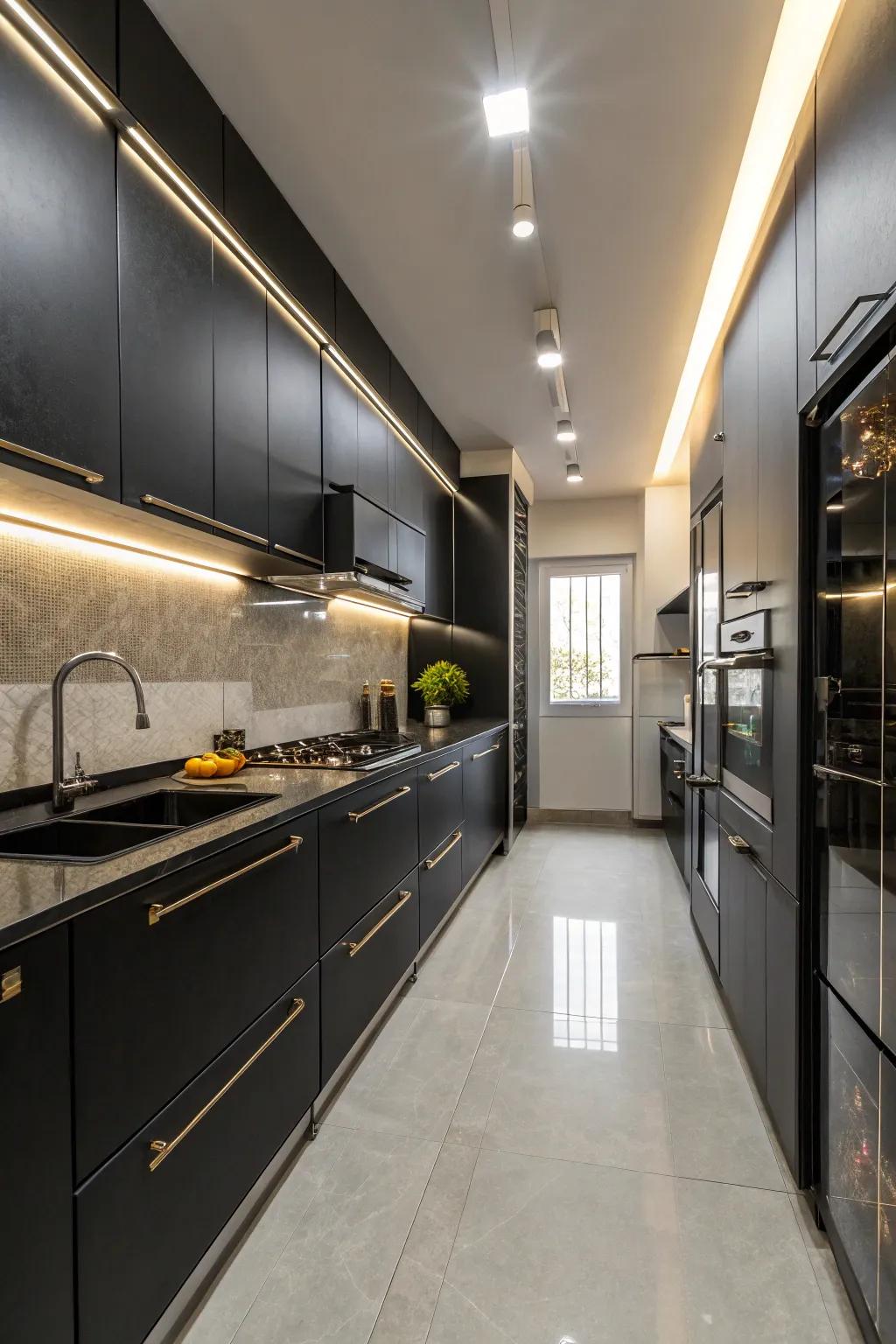 A refined charcoal kitchen design exudes contemporary elegance.
