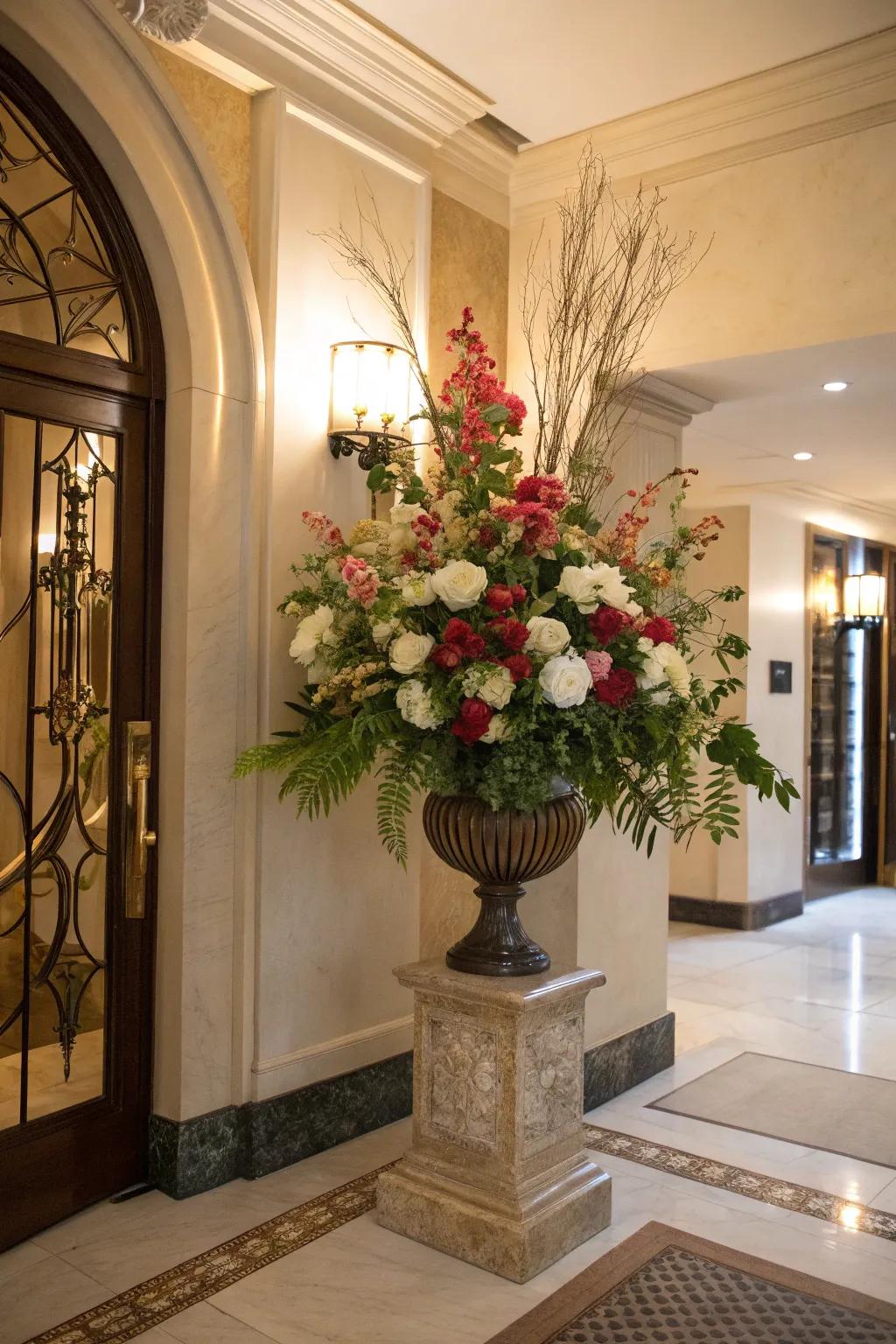 An exquisite floral arrangement imparts sophistication and color to your entryway.
