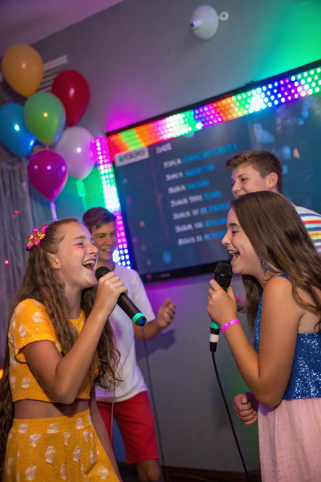 Lively sing-along evening with teens singing and enjoying the music.