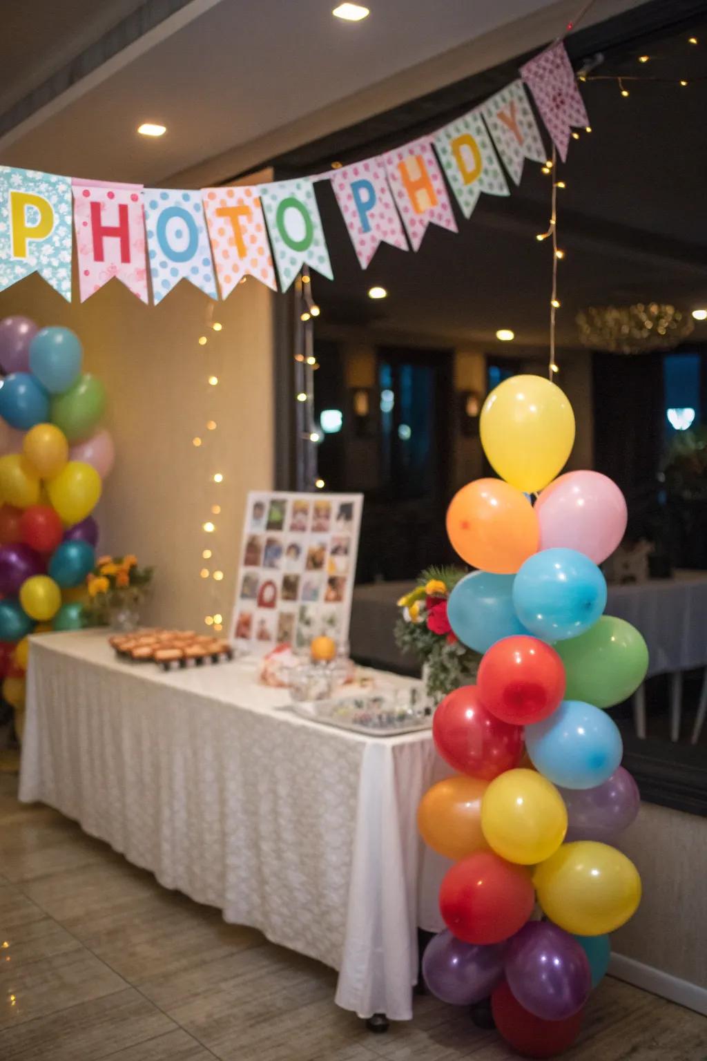 Festive accessories like balloons and banners creating a celebratory atmosphere at the table