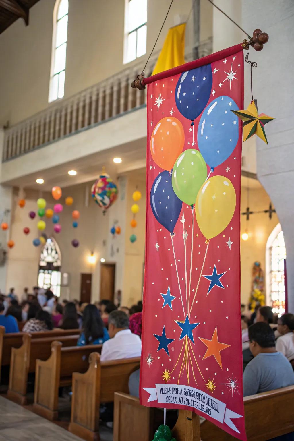 A celebratory inflatable-themed banner bursting with joy.