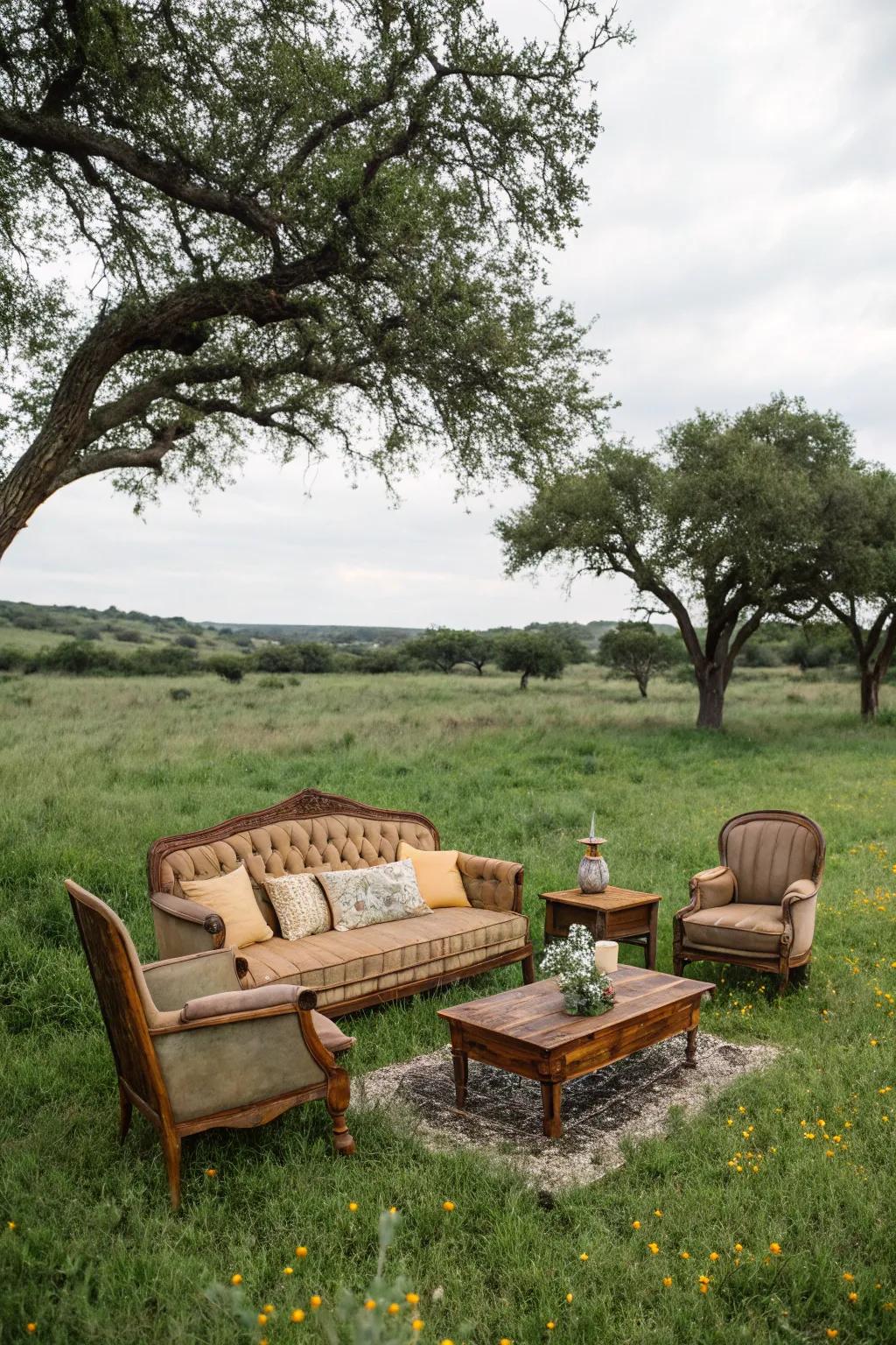 Pasture setup with vintage furniture as a lounge.