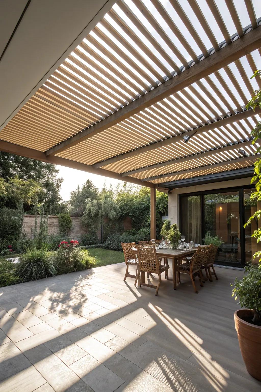 Louvered roofs enable adjustable shade and defense against the weather.