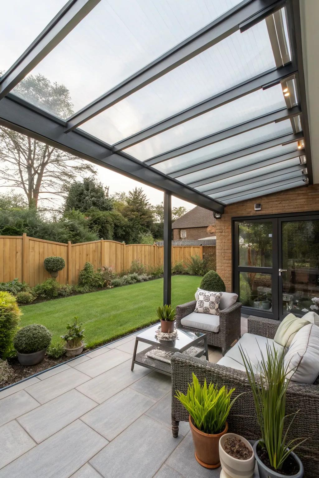 Crystal or hard plastic roofs allow light to permeate while sealing out the rain.