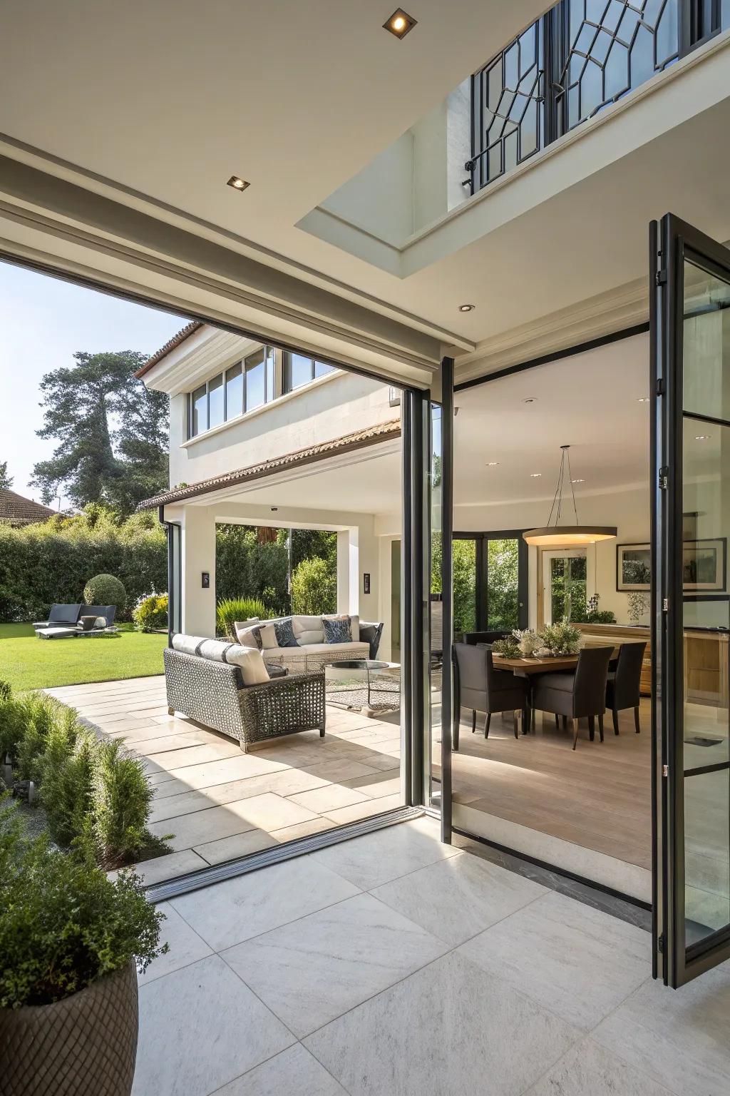 Corner opening doors redefine open space with striking corner perspectives.