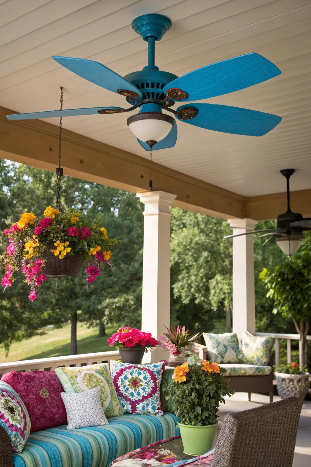 A vibrant patio with a ceiling fan featuring striking blue blades.