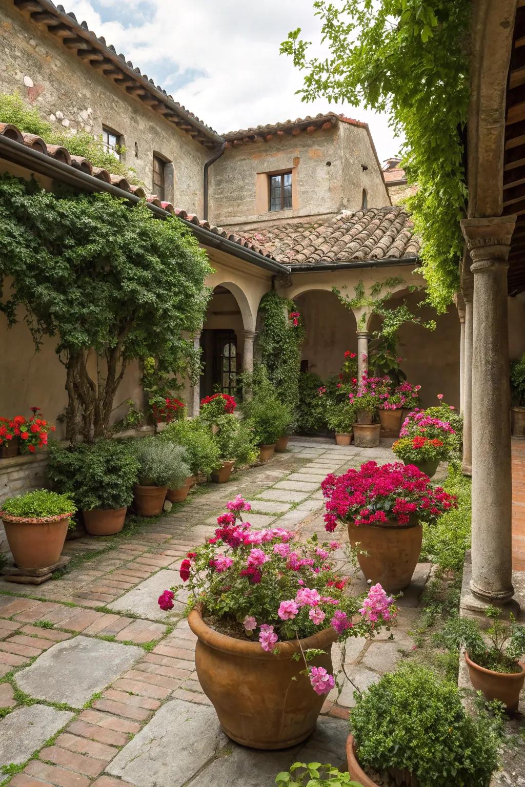 Clay pots enhance the charm of this Italian garden setting.