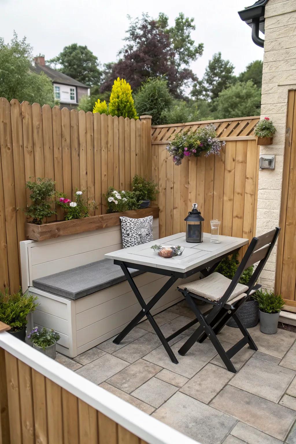 Multi-functional furniture maximizes small patio spaces.