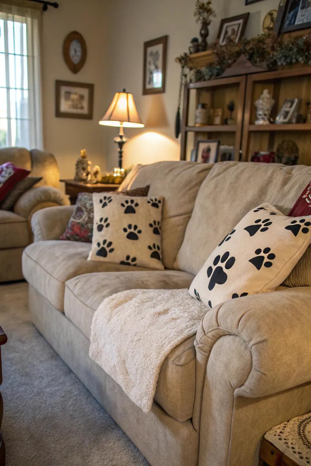 Paw print cushions bringing comfort to a lounge.