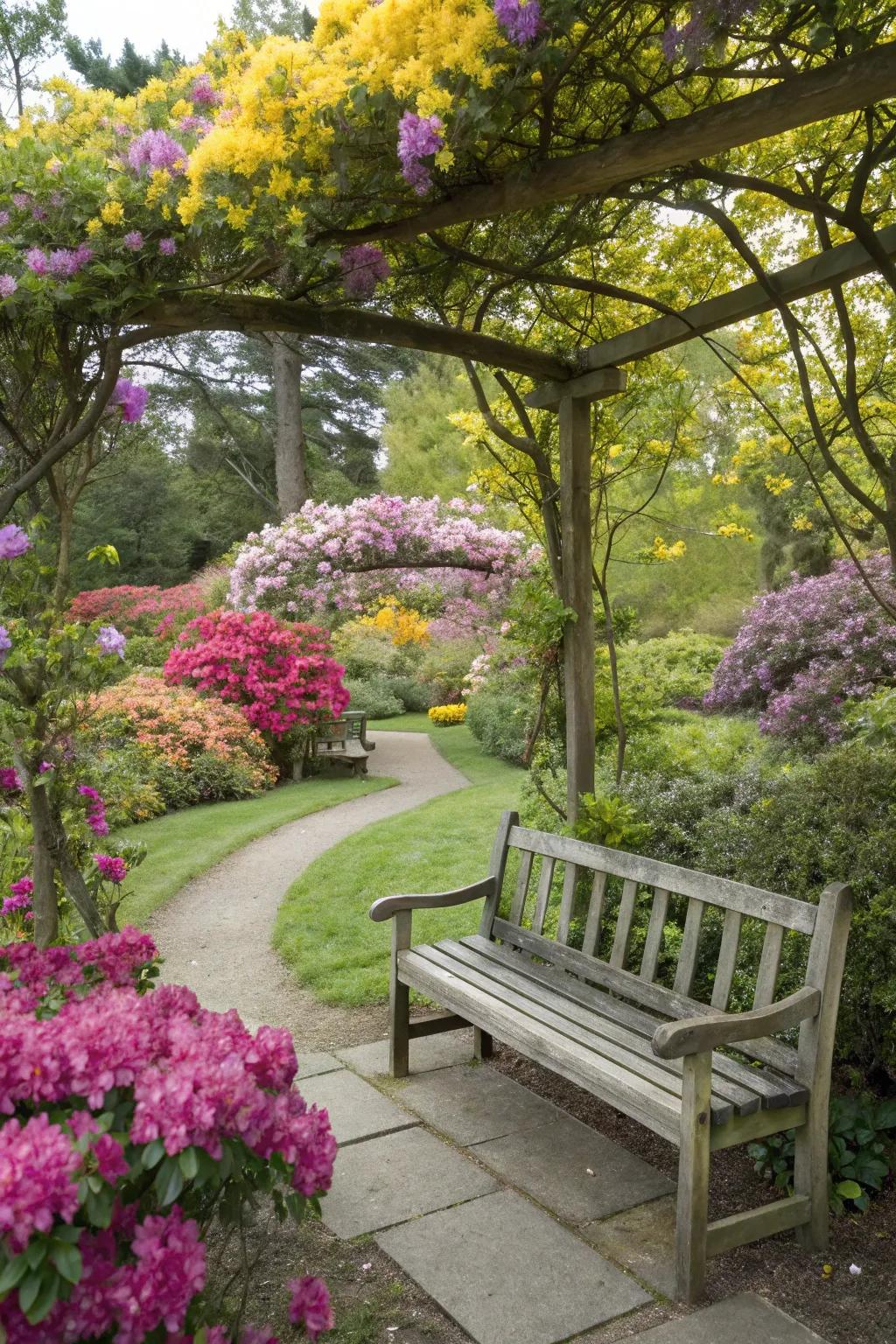 A wooden bench offers a cozy spot to relax amidst nature.