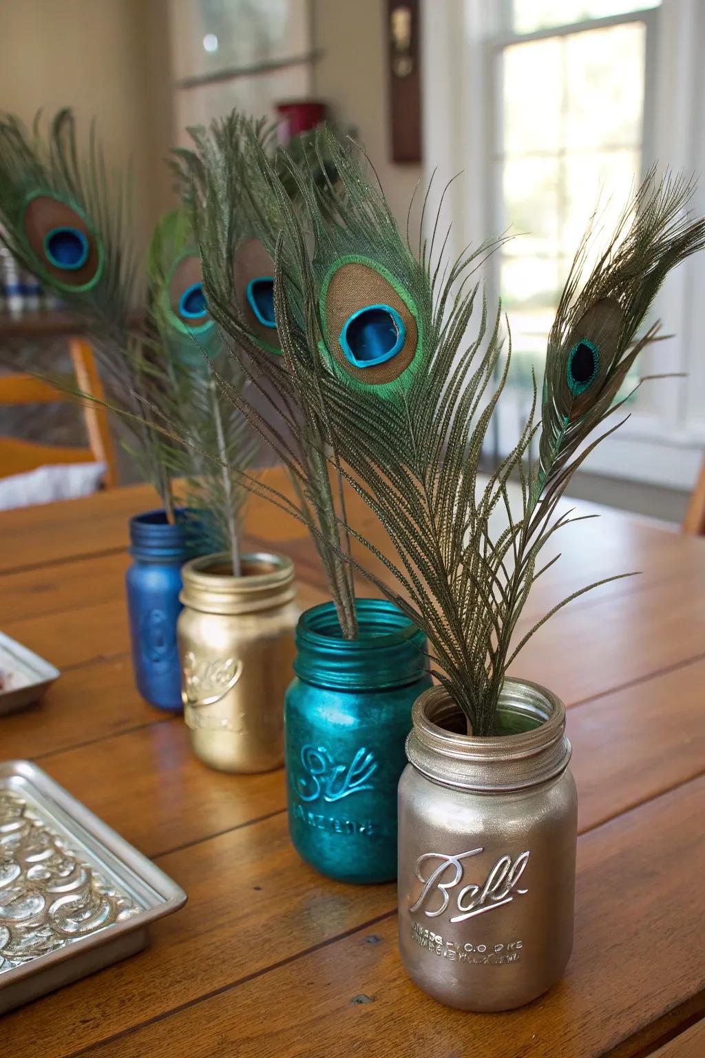 Rustic sophistication harmonizing canning jars and avian plumage.