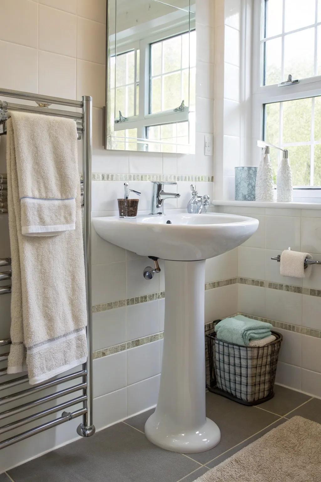 Accessible towel racks close to the pedestal sink.
