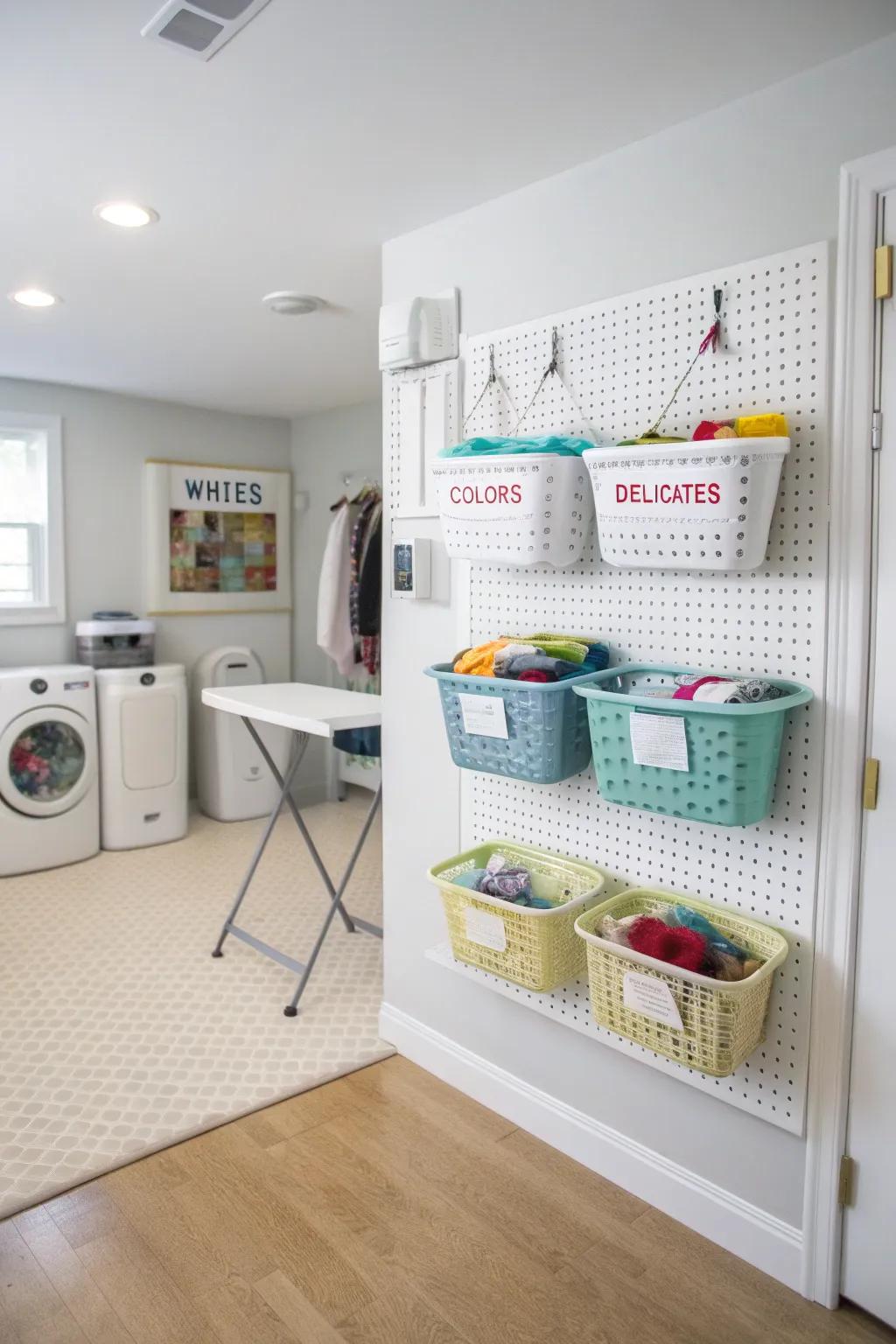 With labeled baskets, sorting laundry is easier.
