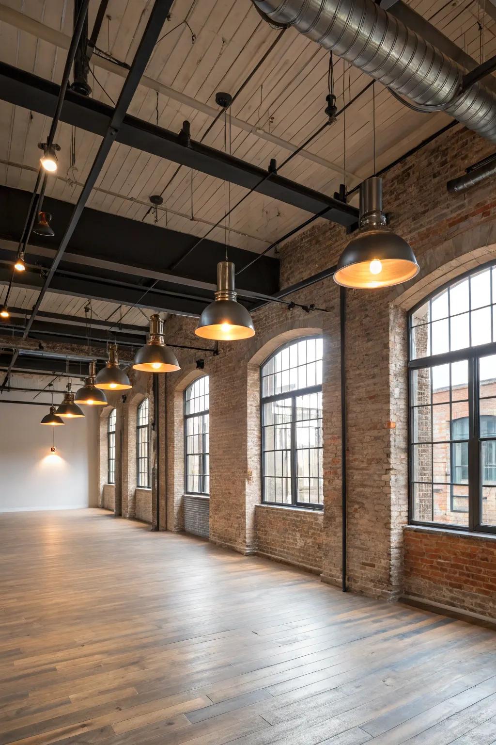 Industrial pendants introduce a bold touch to urban spaces.
