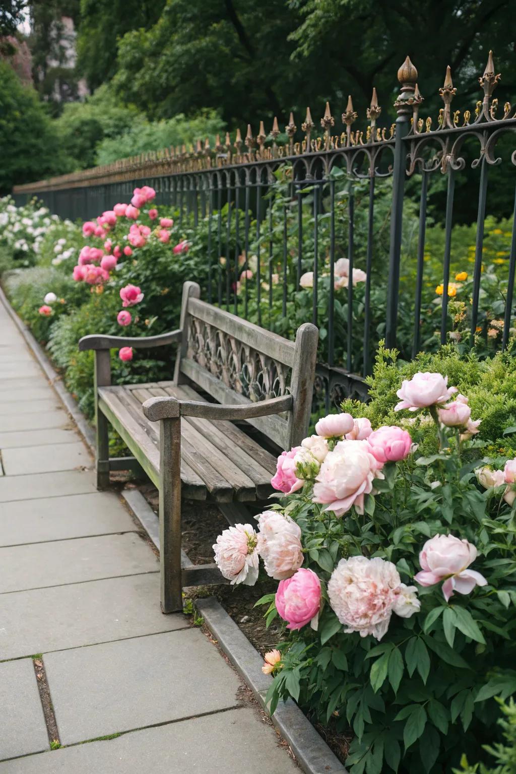 Garden decor perfectly enhances a peony garden's beauty.