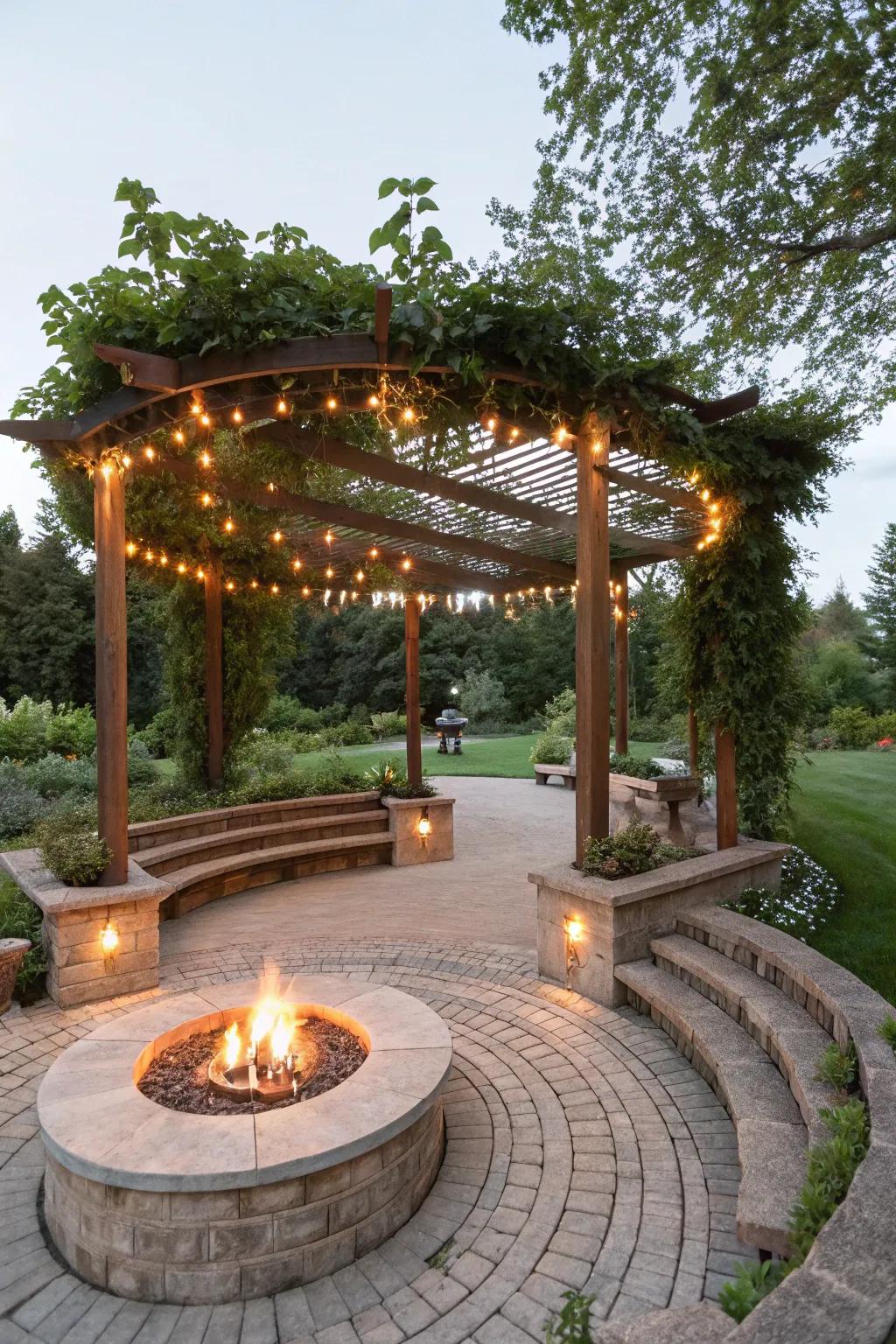 Add dimension with a multi-level pergola and fire pit.