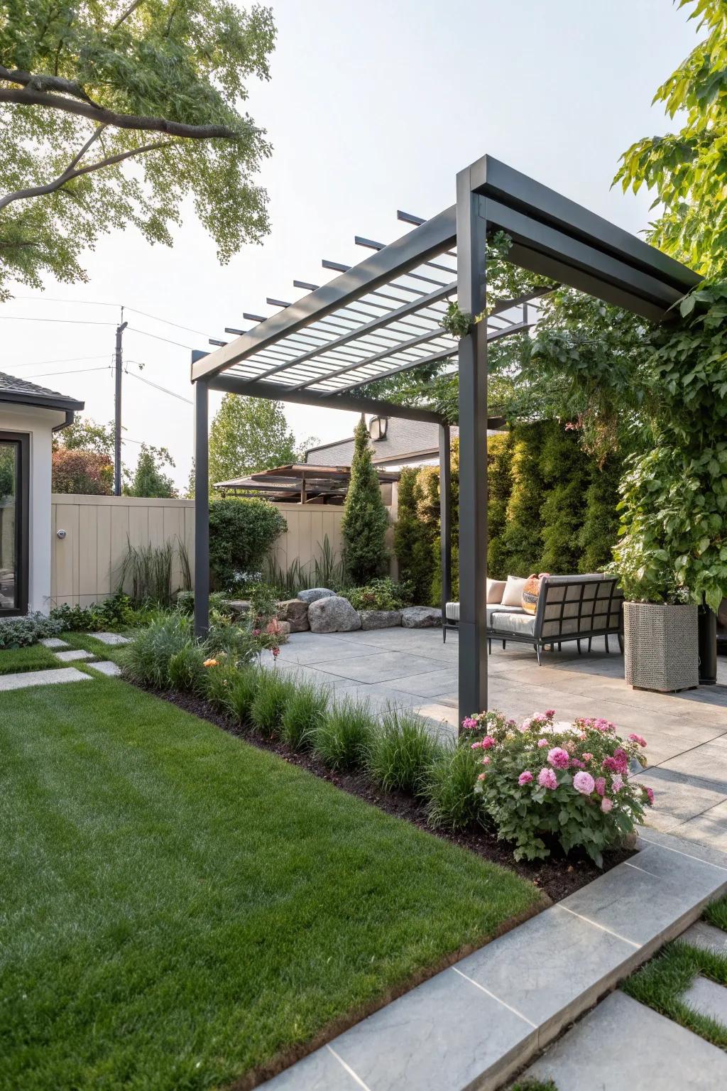A metal arbor delivers a fashionable, current appeal.