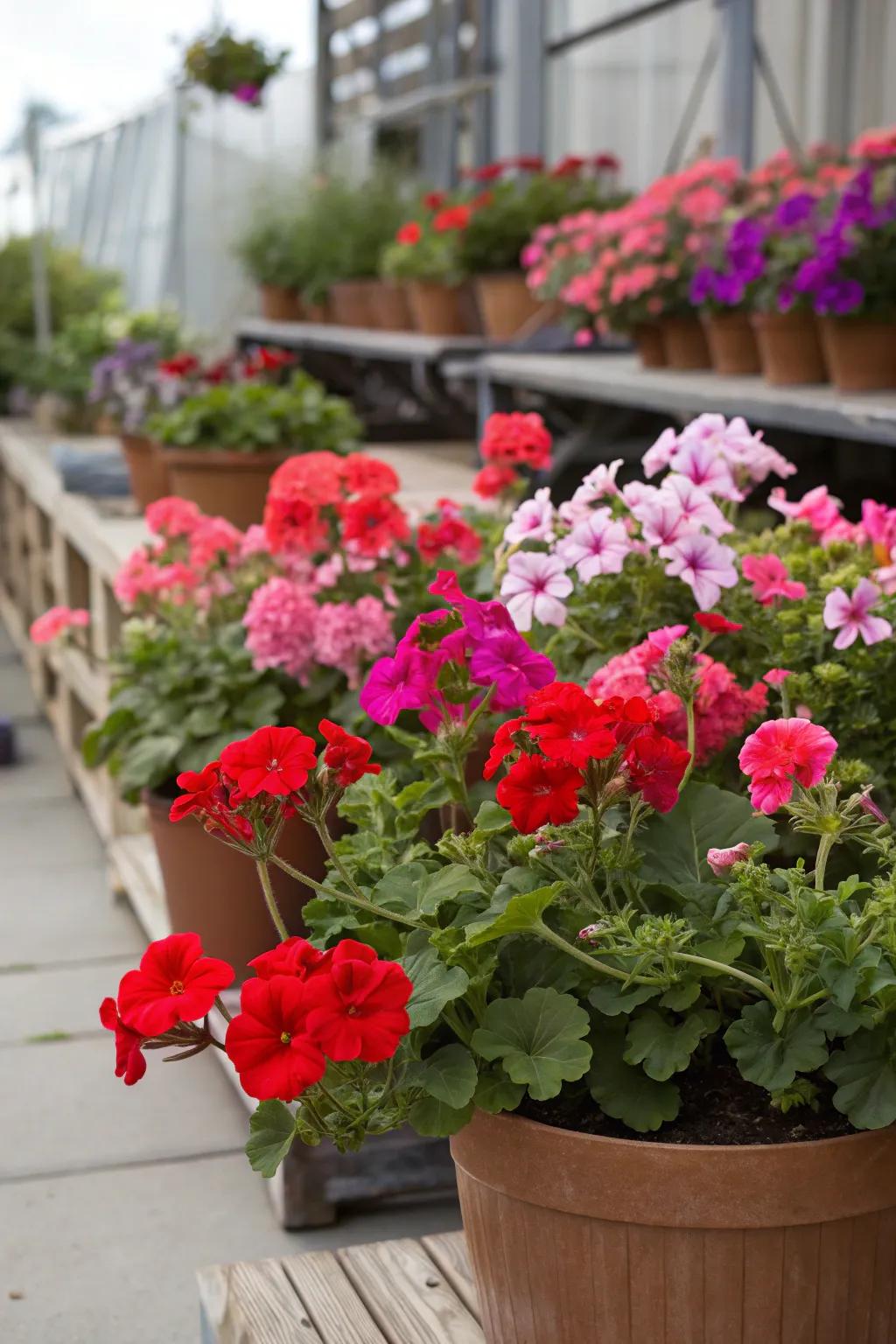 A dynamic combination is formed by geraniums and petunias in any container garden.