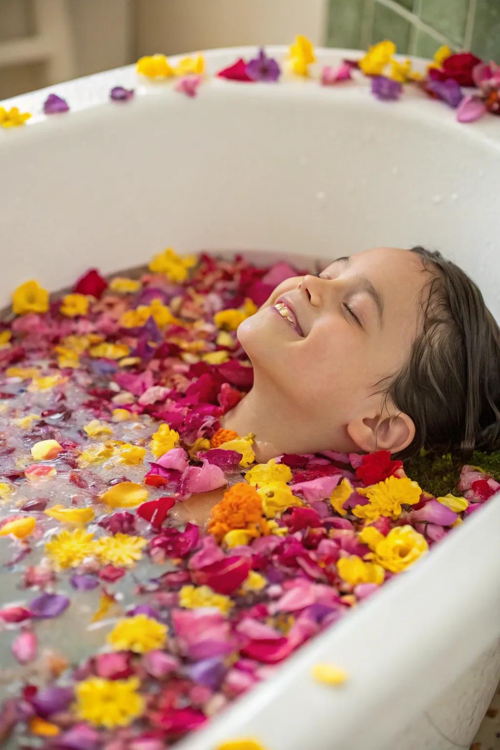 A child enjoying a colorful flower bath.