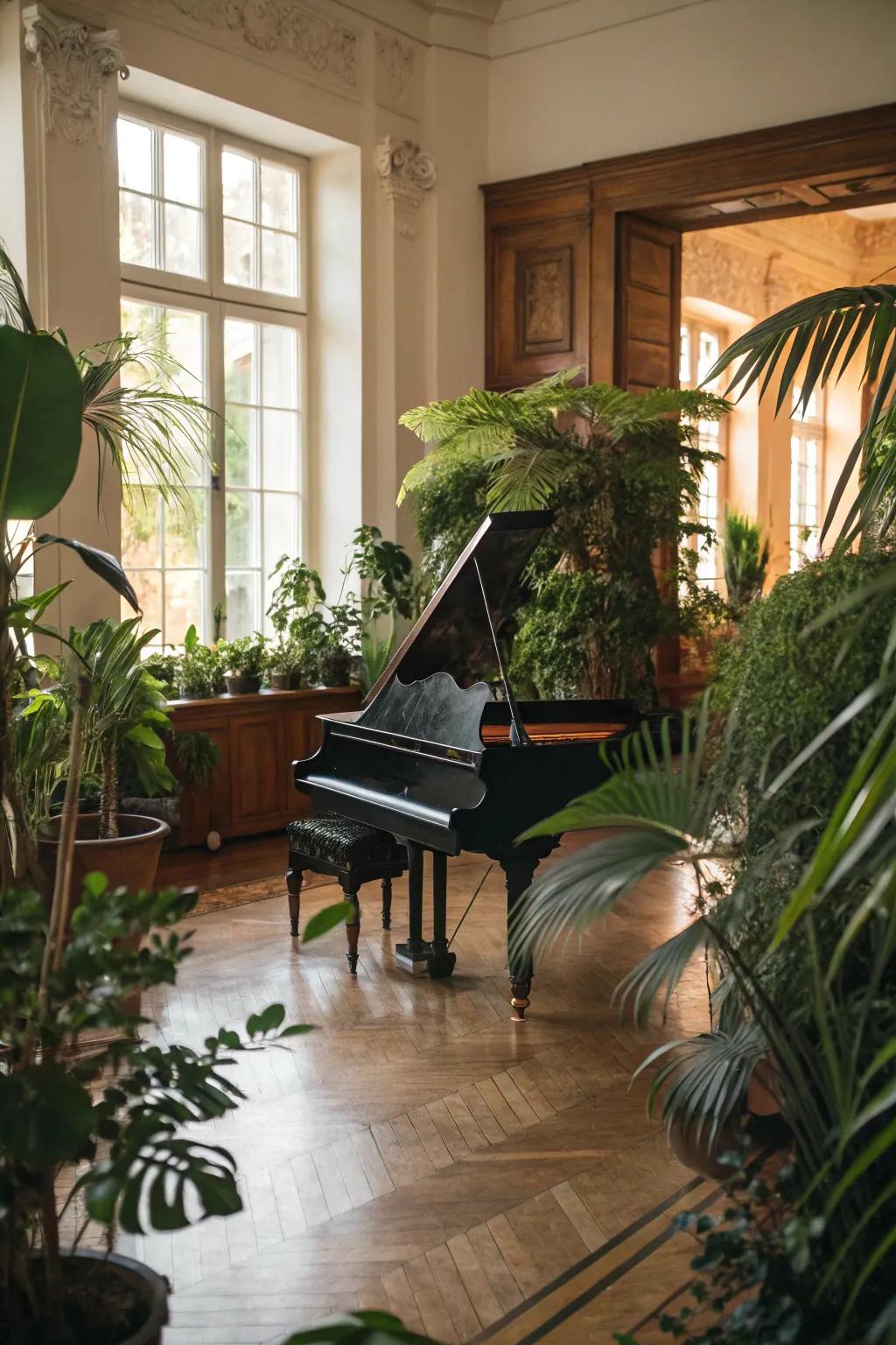 Foliage adds vibrancy and a natural touch to the piano space.