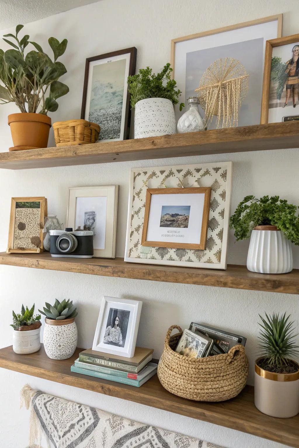Organize items by theme for a put-together and stylish shelf.