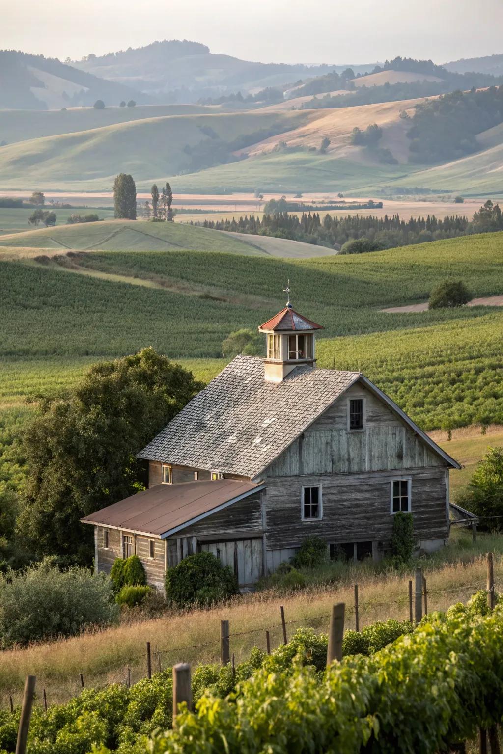 A rustic farmhouse complemented by a practical louvered cupola.