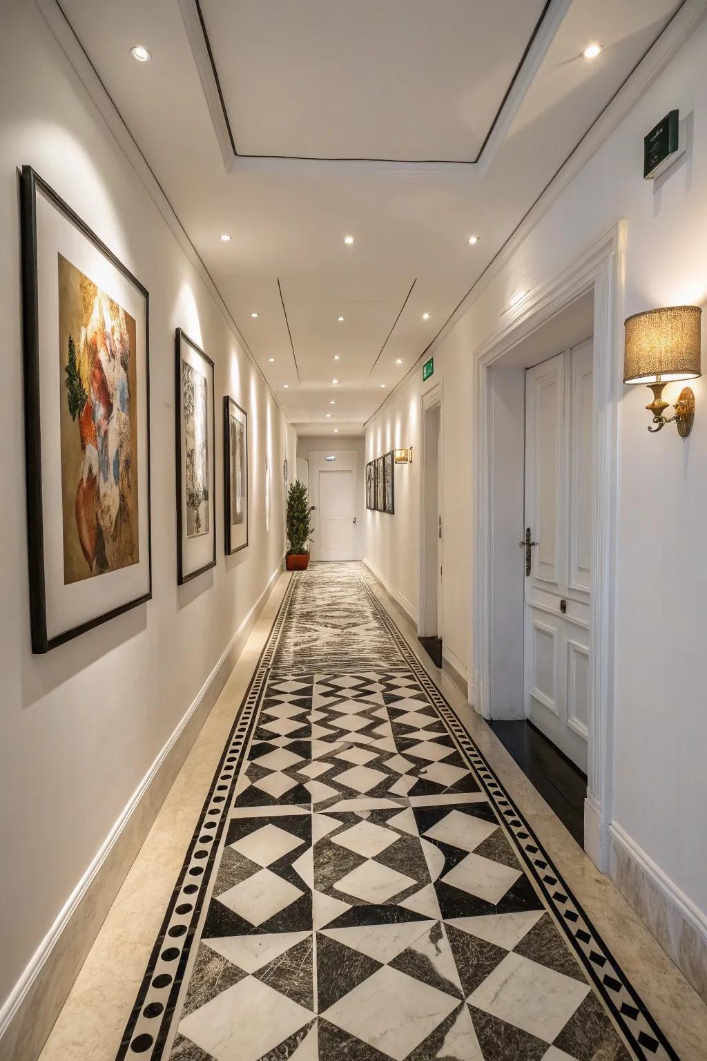 Geometric designs transform this hallway into a visual masterpiece.