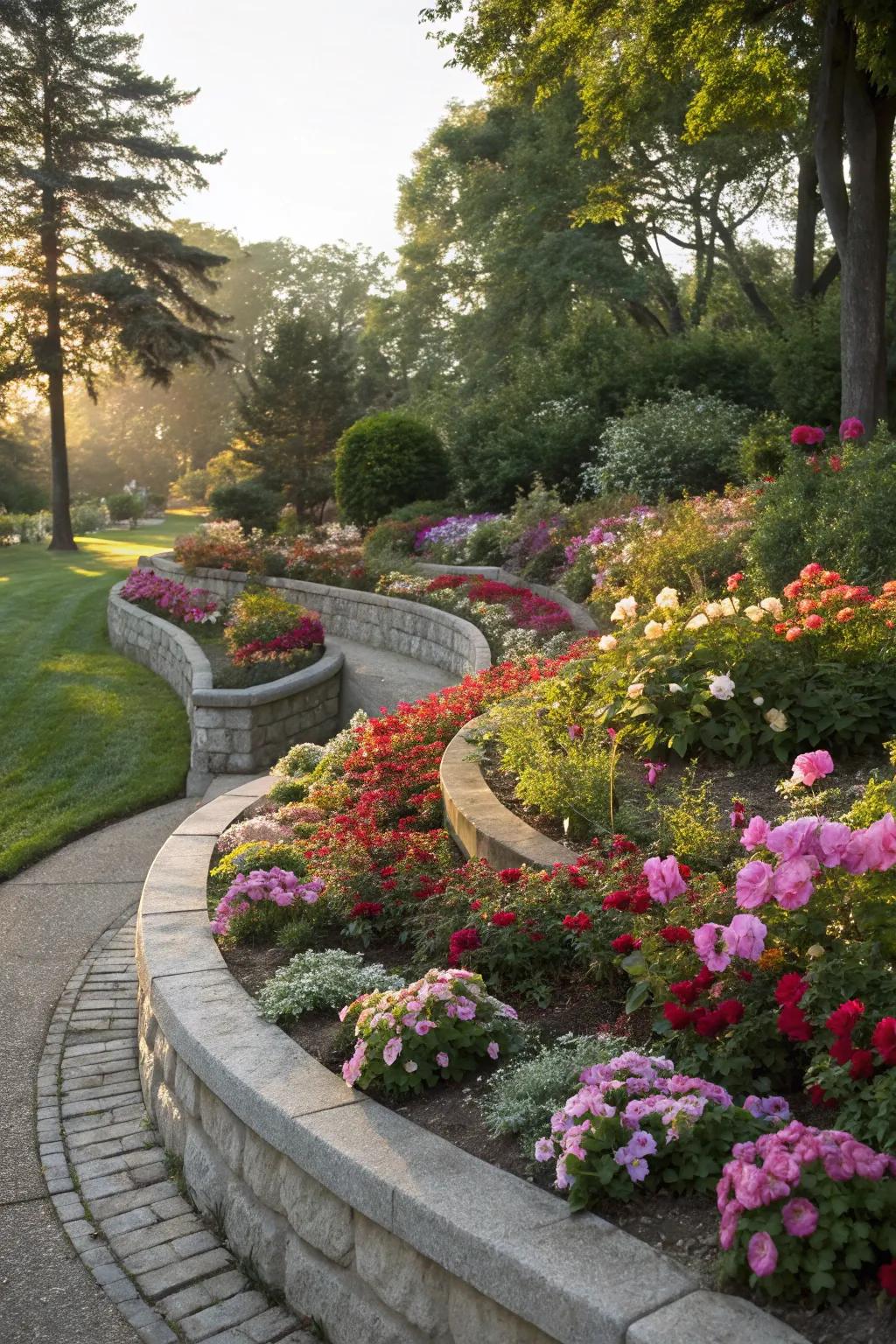 Add a touch of elegance with beautifully curved raised flower beds.