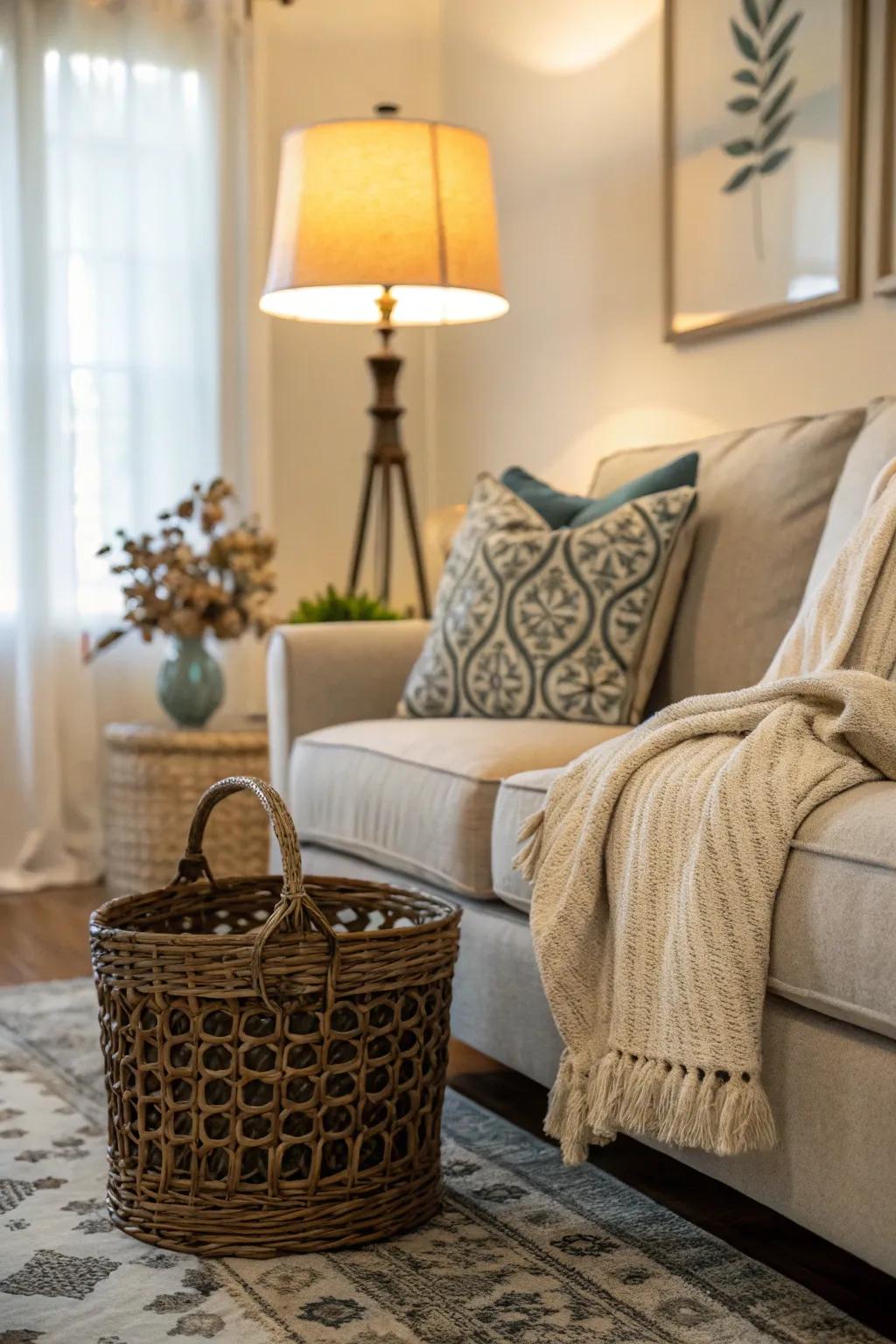 An attractive basket next to a sofa with a wrap gently showing.