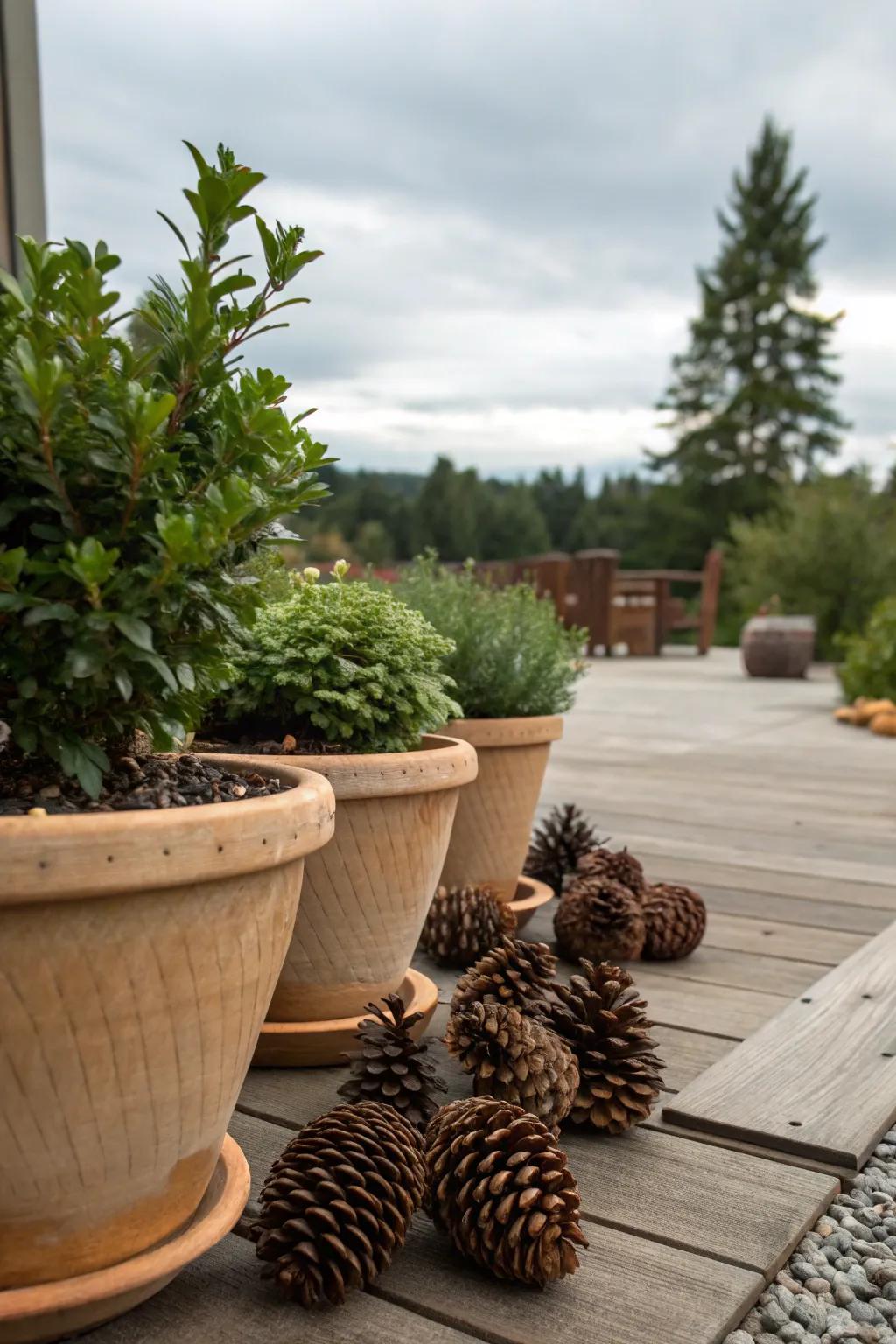 Pinecones helping potted plants remain hydrated longer.