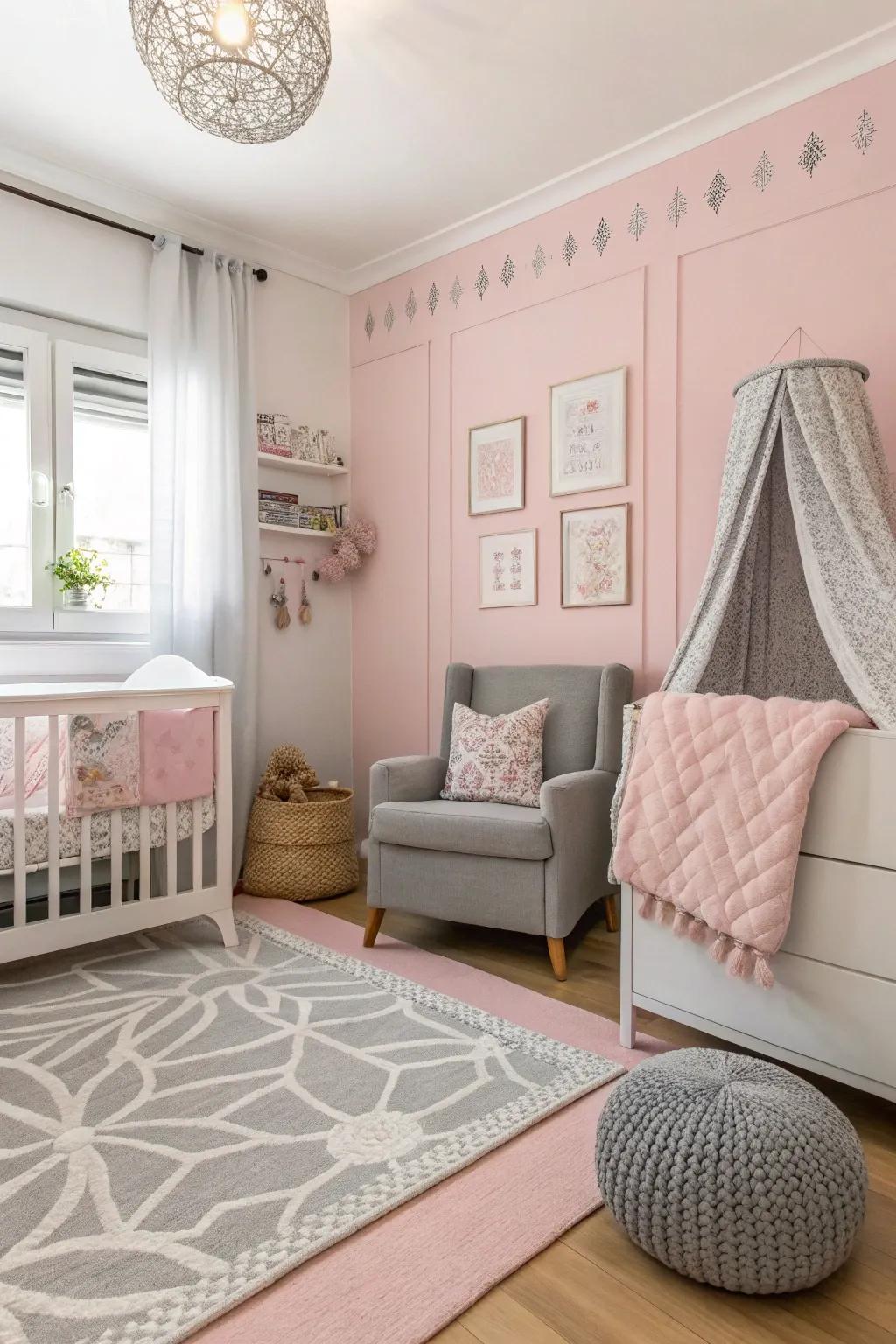A nursery where soft rose meets subtle ash for a chic aesthetic.
