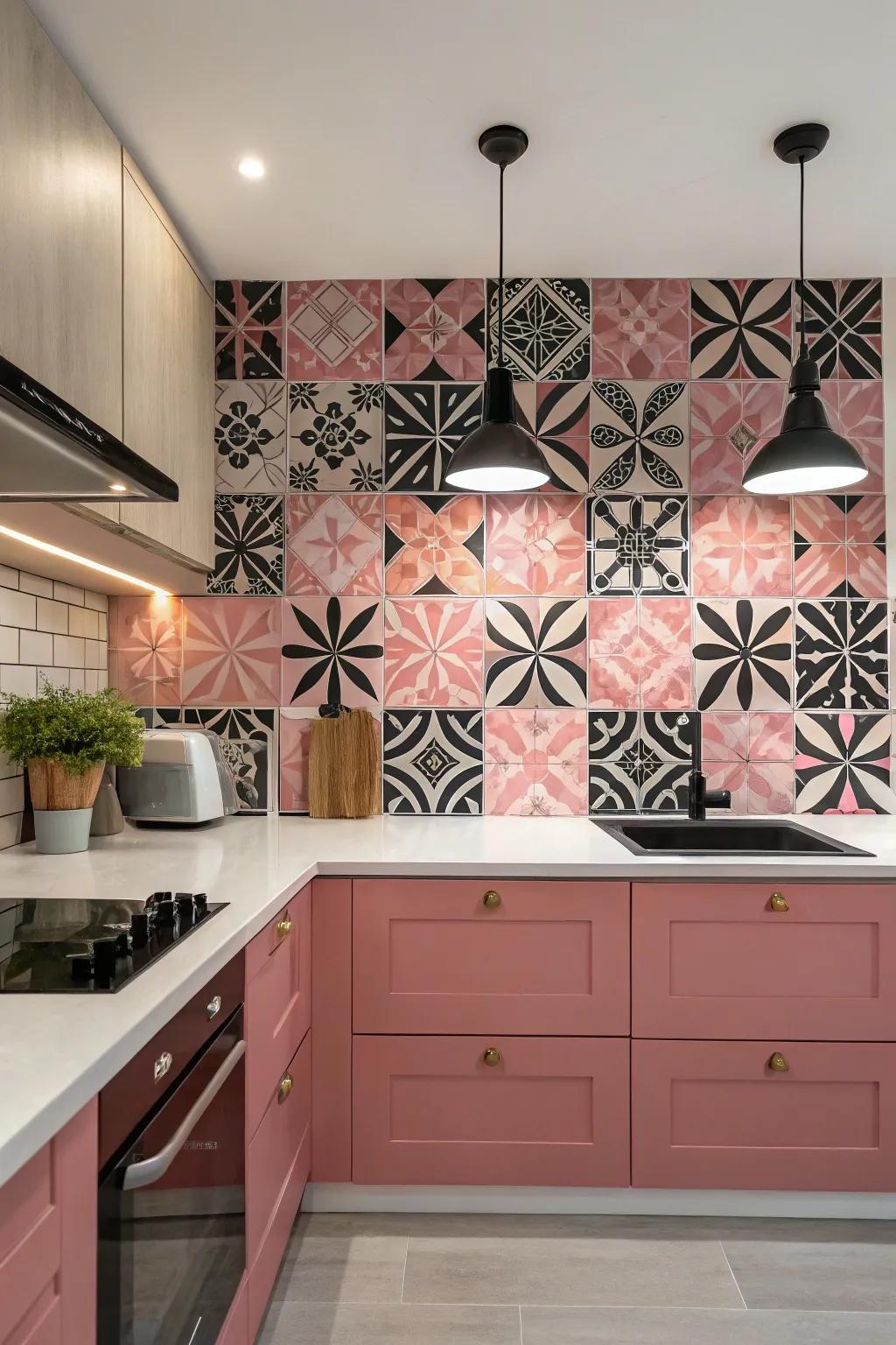 A patterned backsplash gives a whimsical sense to your cooking area surfaces.