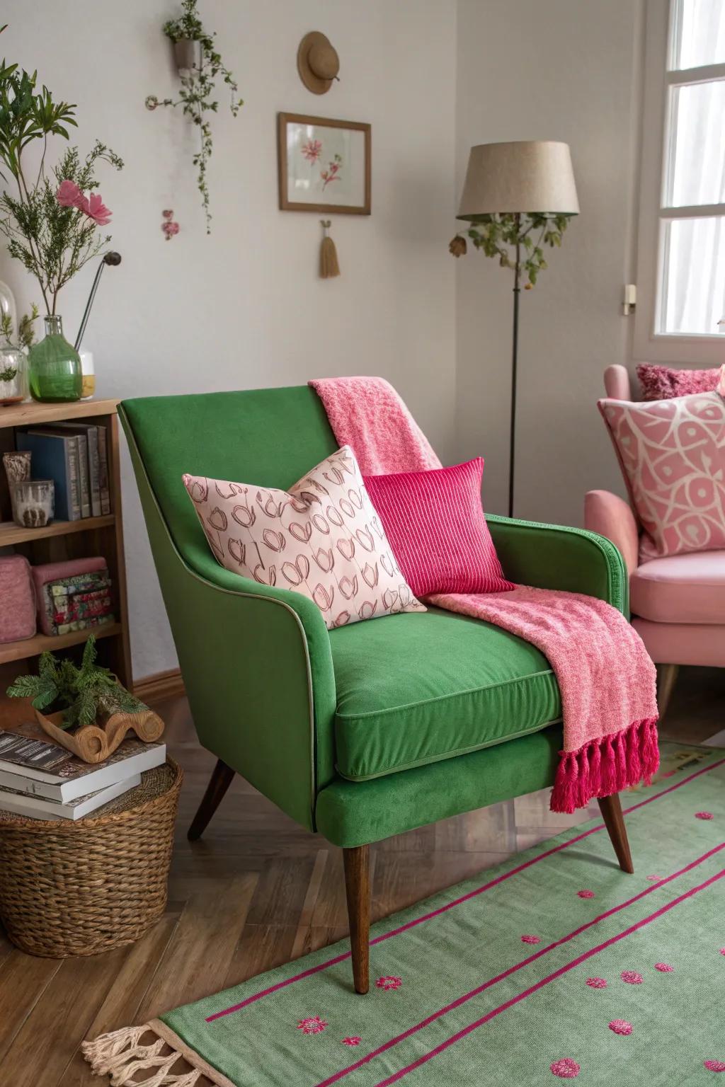 Green chair with pink accessories creates a striking contrast.