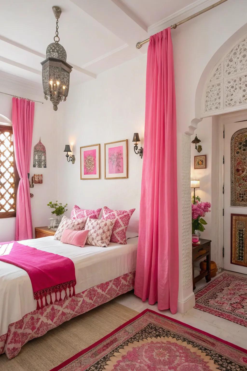 Rosy accents against white create a vibrant and inviting bedroom.